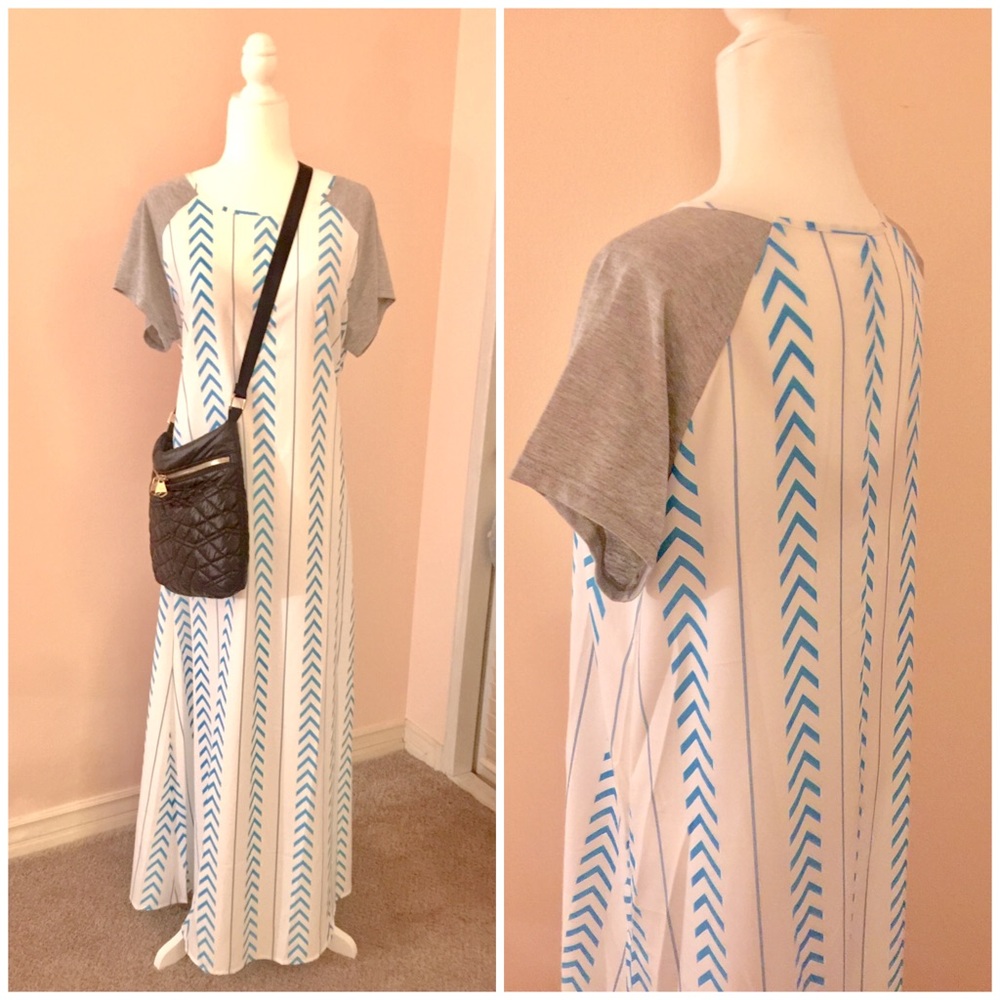 NWOT L maxi dress turquoise chevron gray sleeves